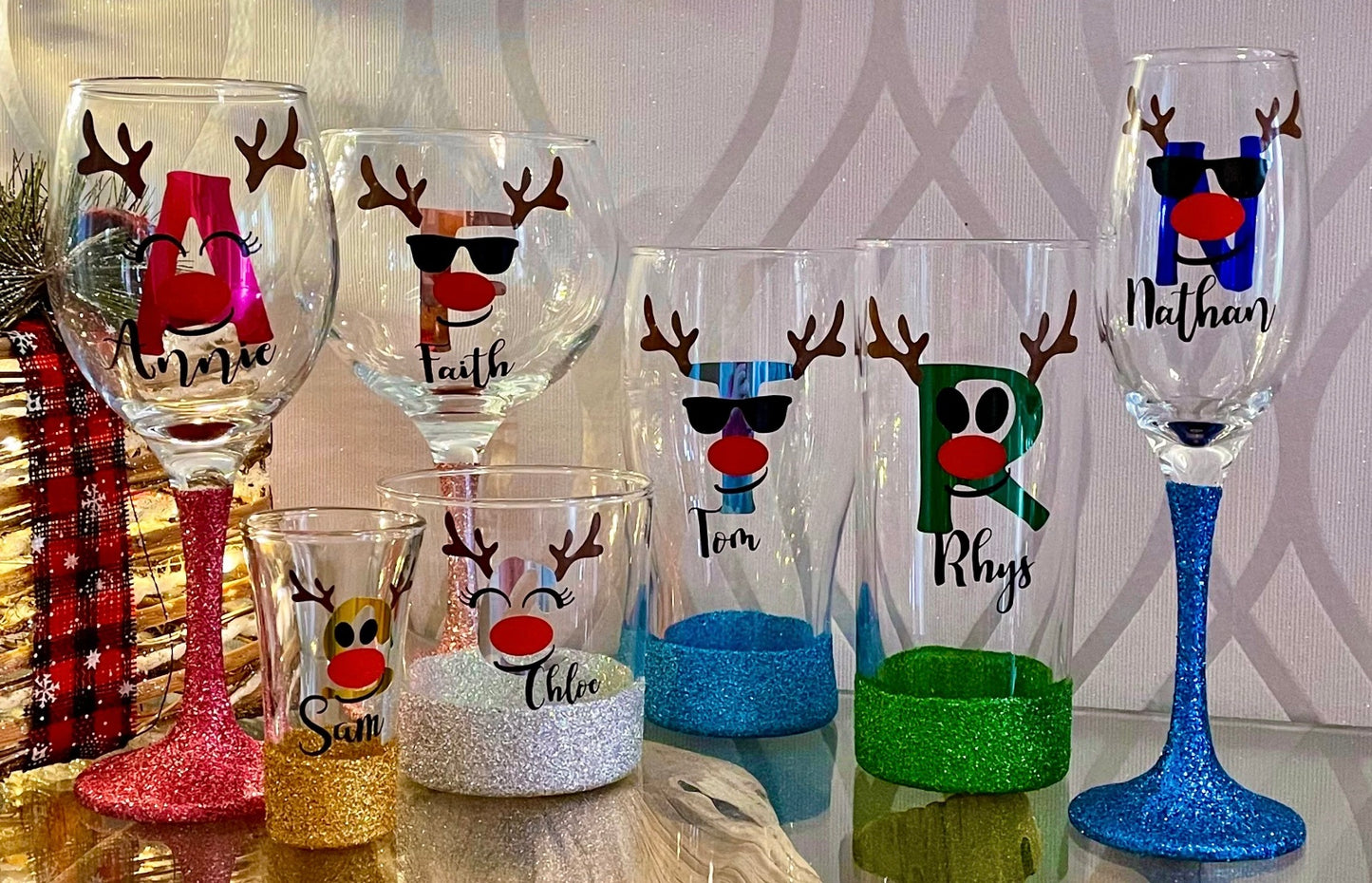 Christmas Personalised Glitter Glass - Rudolph the Red Nosed Reindeer Design