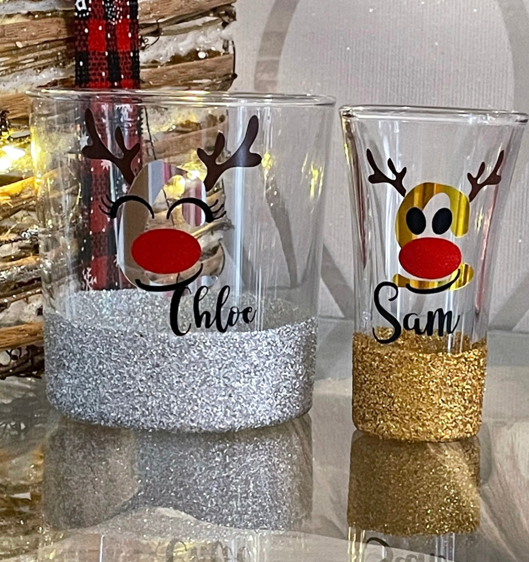 Christmas Personalised Glitter Glass - Rudolph the Red Nosed Reindeer Design