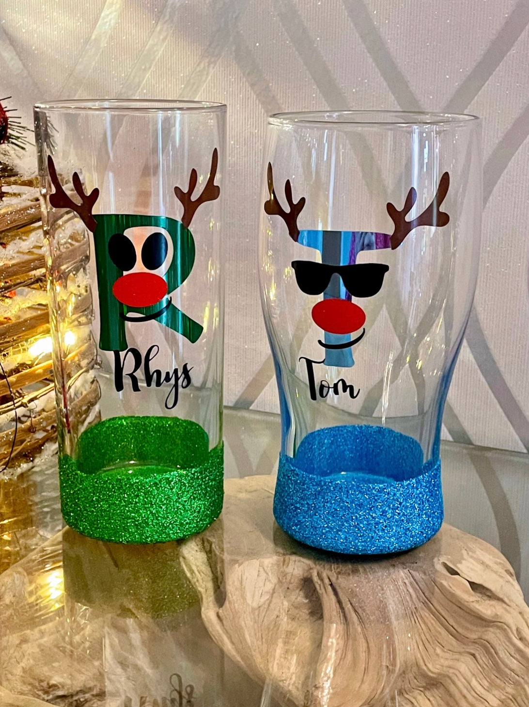 Christmas Personalised Glitter Glass - Rudolph the Red Nosed Reindeer Design