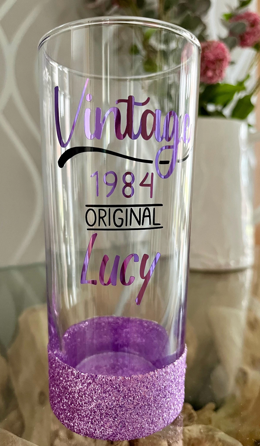 Personalised Birthday Age Glitter Glass - Vintage Message Design