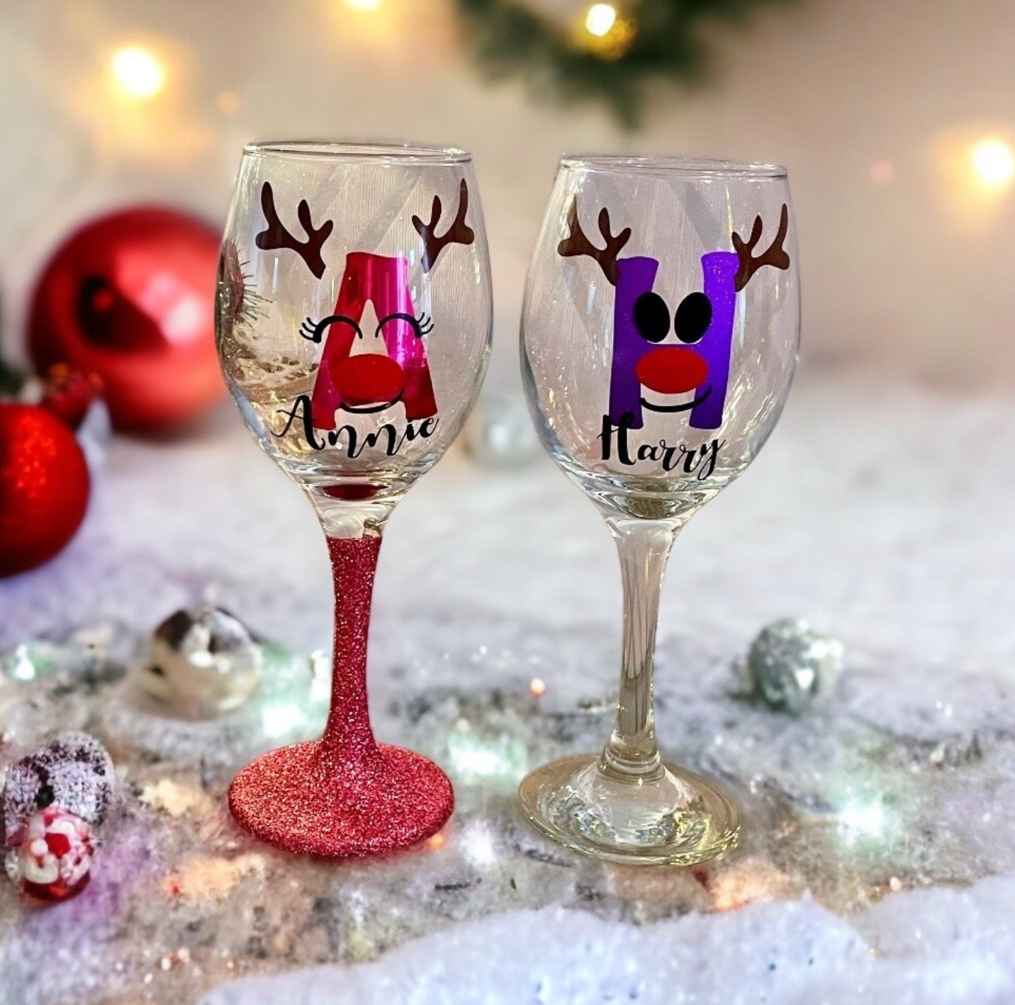 Christmas Personalised Glitter Glass - Rudolph the Red Nosed Reindeer Design