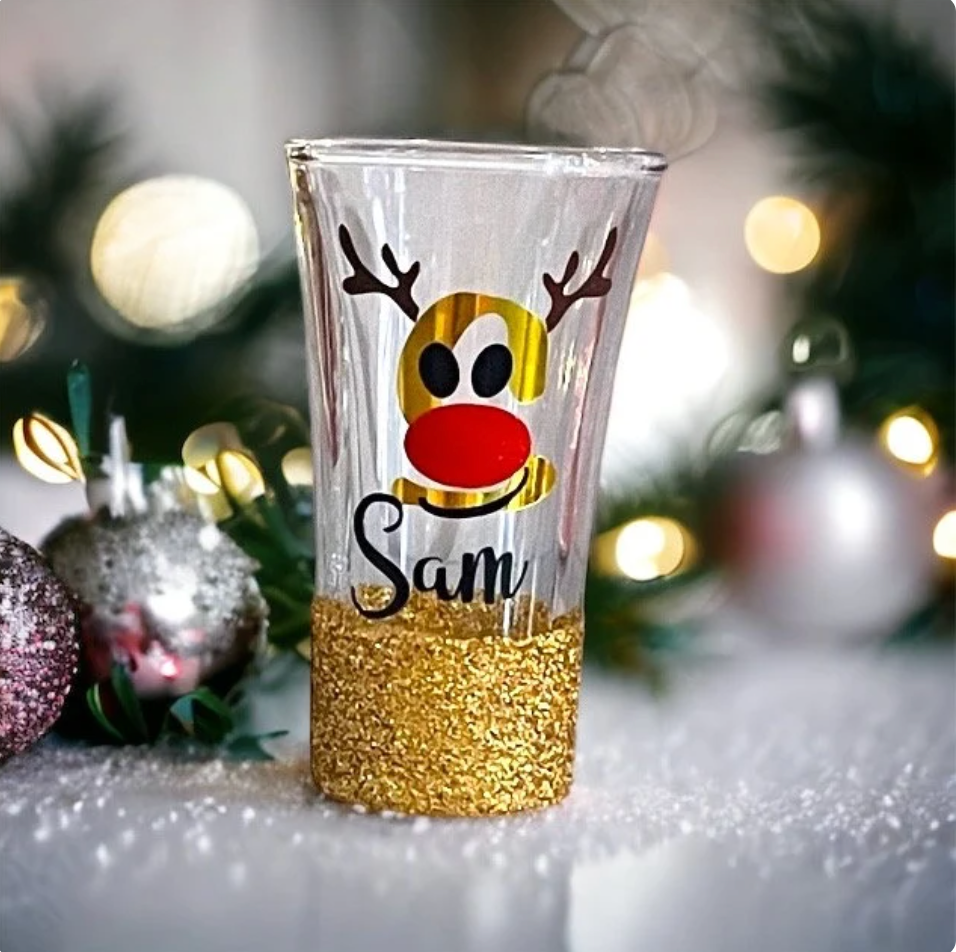 Christmas Personalised Glitter Glass - Rudolph the Red Nosed Reindeer Design
