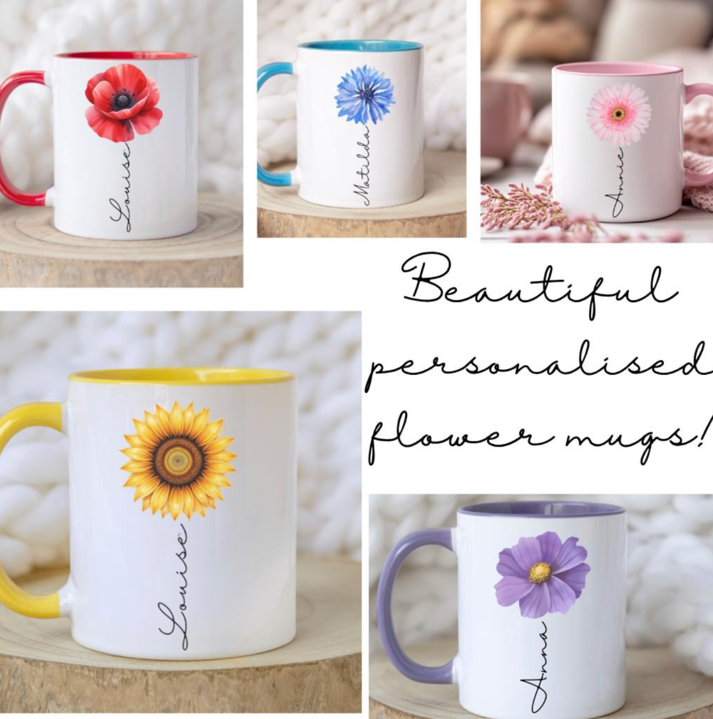 Personalised Blue Flower Mug & Gift Bag