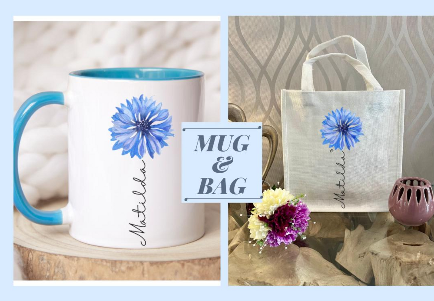 Personalised Blue Flower Mug & Gift Bag