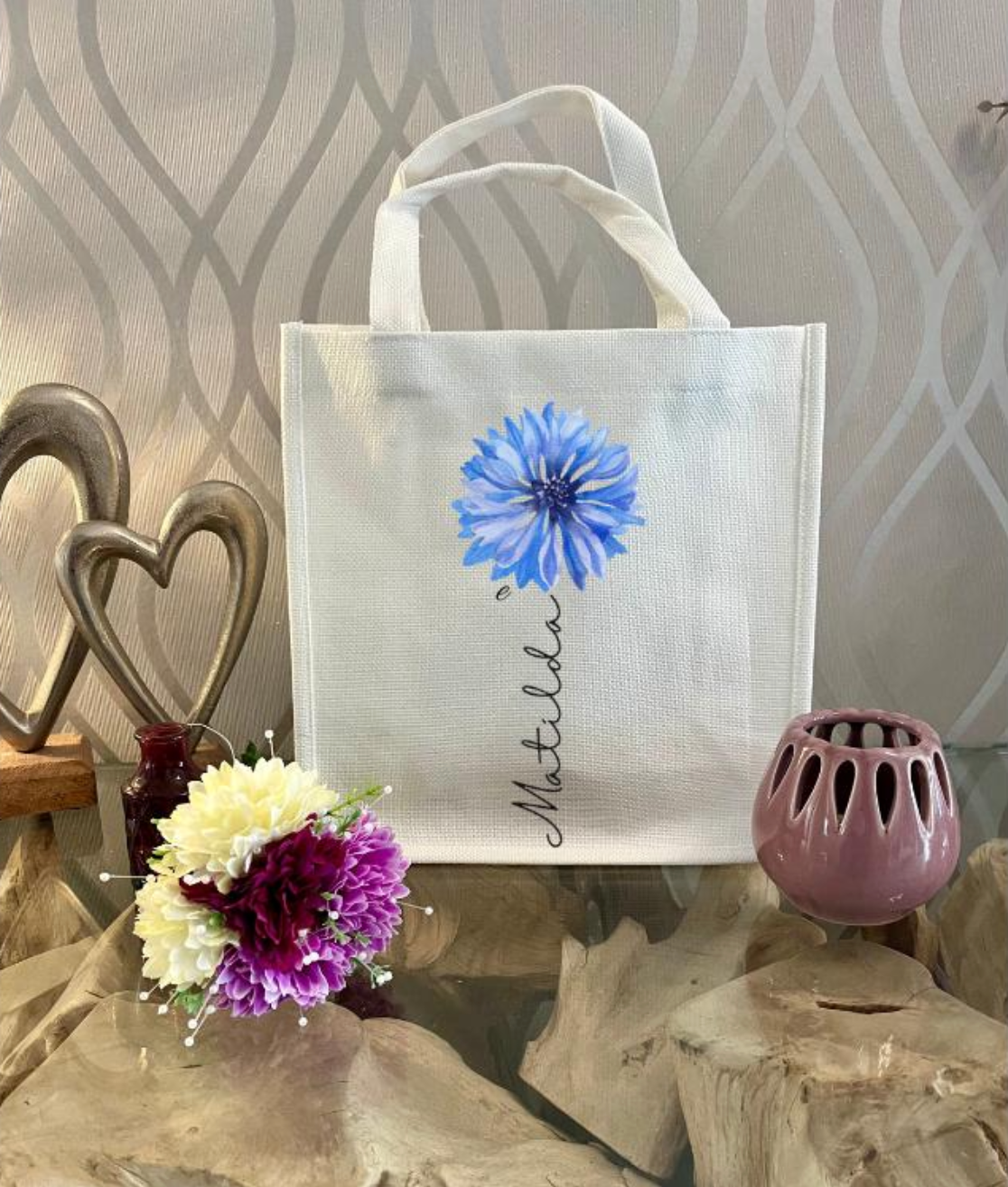 Personalised Blue Flower Mug & Gift Bag