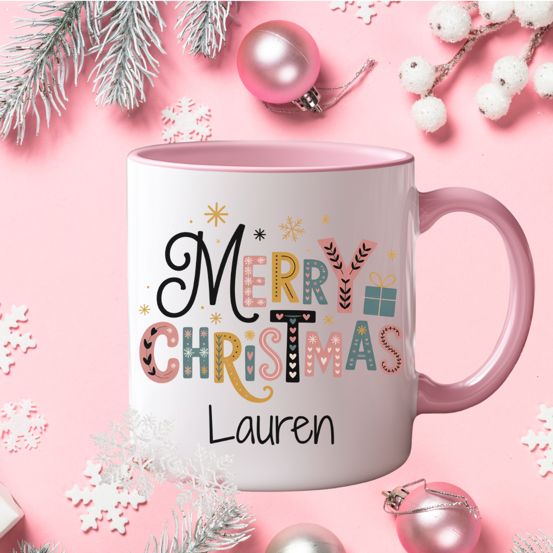 Personalised pink handled and pink insert Christmas Mug filled with chocolates