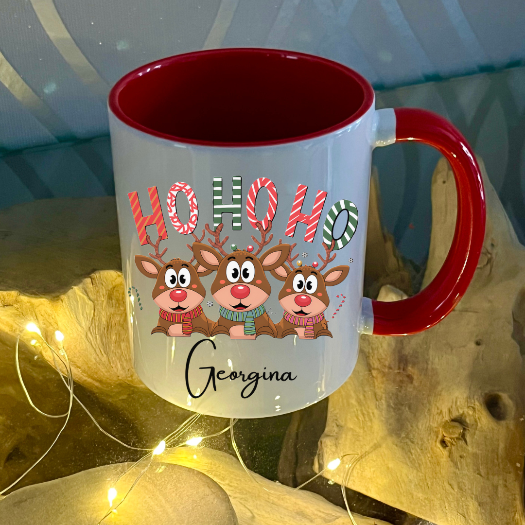 Personalised Red Ho Ho Ho Rudolph, reindeer christmas mug filled with Cadbury Chocolates