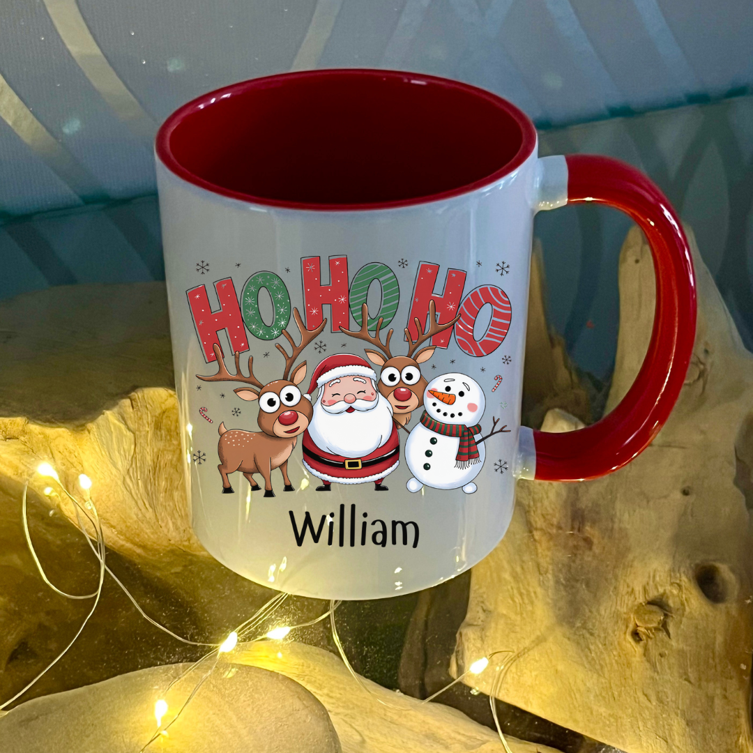 Personalised Red Ho Ho Ho Santa, reindeer & snowman christmas mug filled with Cadbury Chocolates