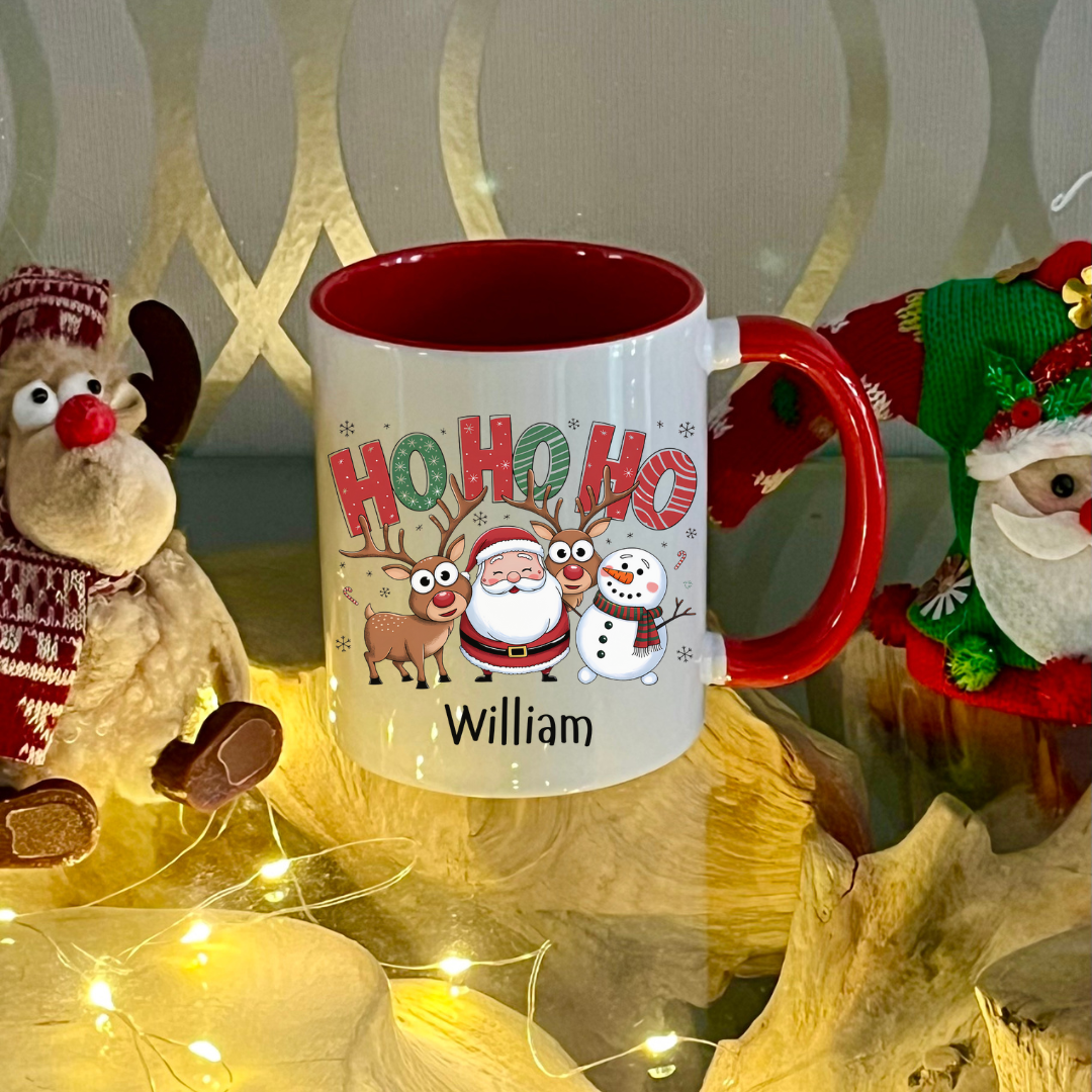Personalised Red Ho Ho Ho Santa, reindeer & snowman christmas mug filled with Cadbury Chocolates