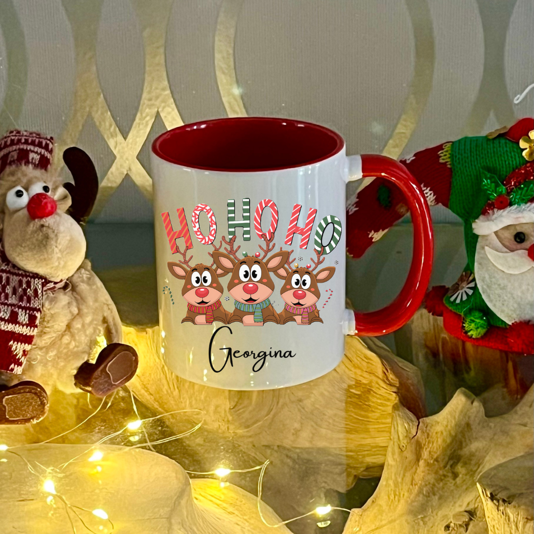Personalised Red Ho Ho Ho Rudolph, reindeer christmas mug filled with Cadbury Chocolates