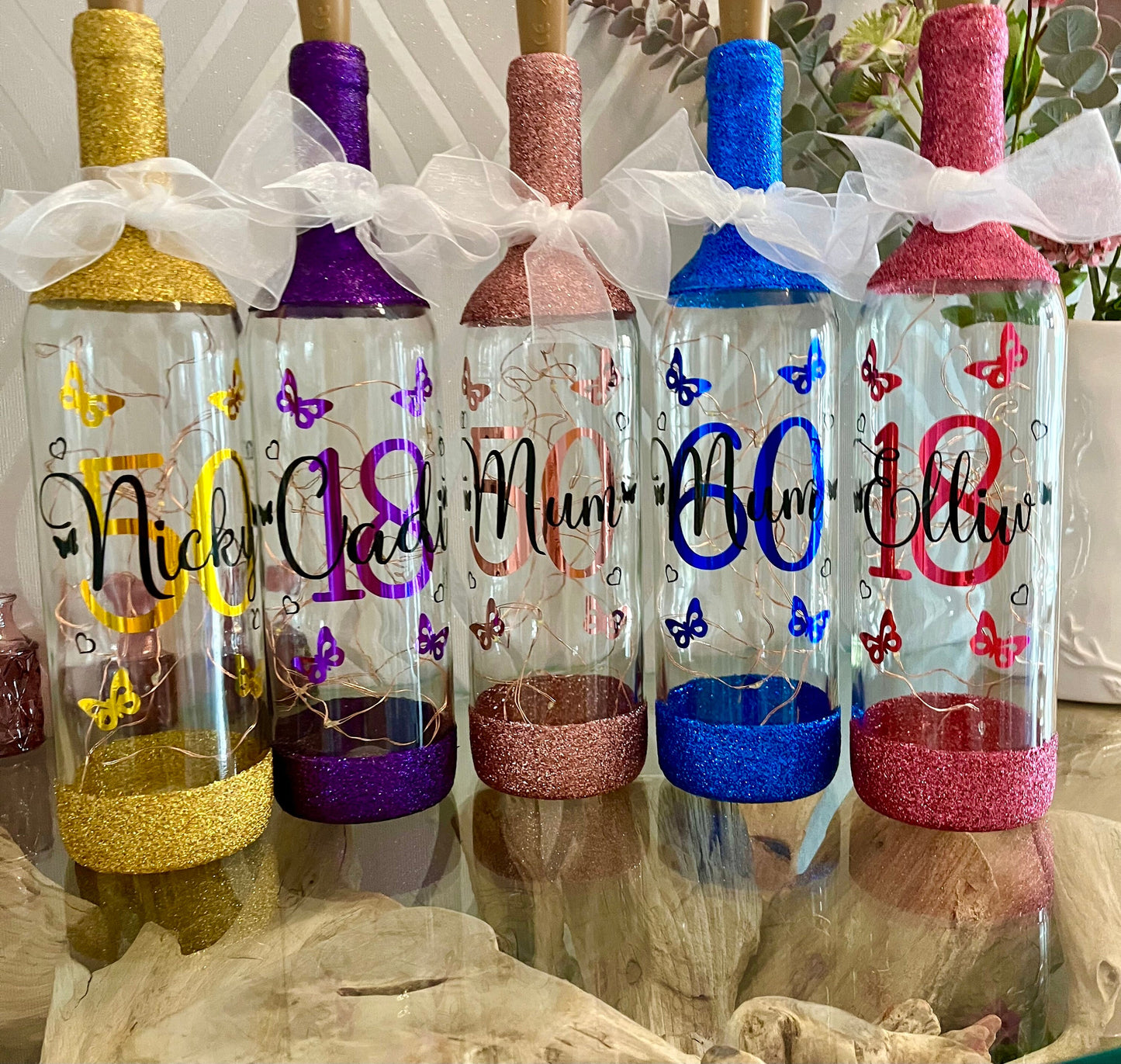 Personalised glitter birthday lit wine bottle butterflies 18th Birthday gift 21st Birthday gift for her 30th Birthday 40th 50th 60th