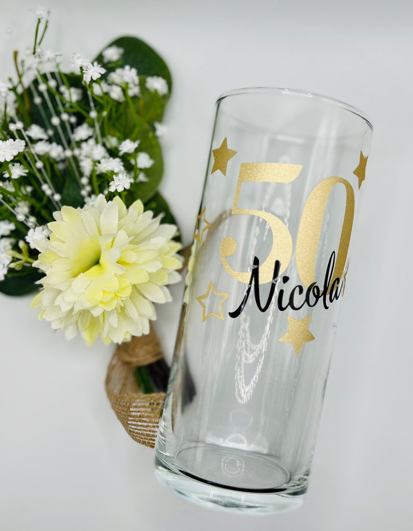 Hand-decorated personalised tumbler glass with star design, thoughtful gift idea for him or her on special occasions.