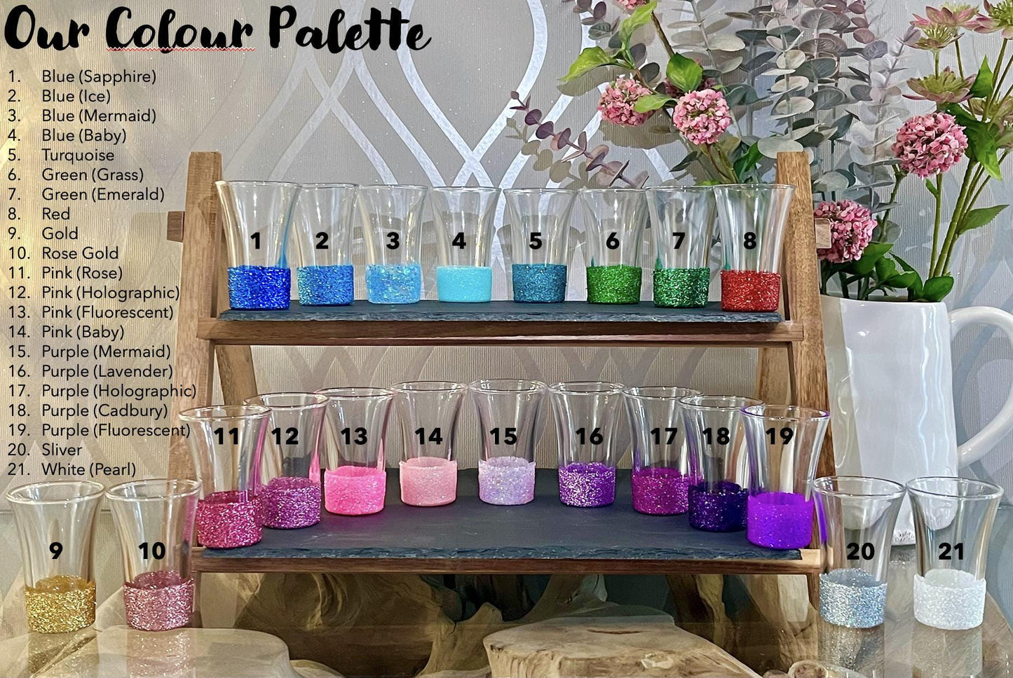 A picture of 21 Shot glasses detailing all the glitter colours available for our personalised glassware gifts. Whether your birthday is an 18th, 21st, 30th, 40th, 50th, 60th, 100th, or any age inbetween. we can personalise a glass for you.