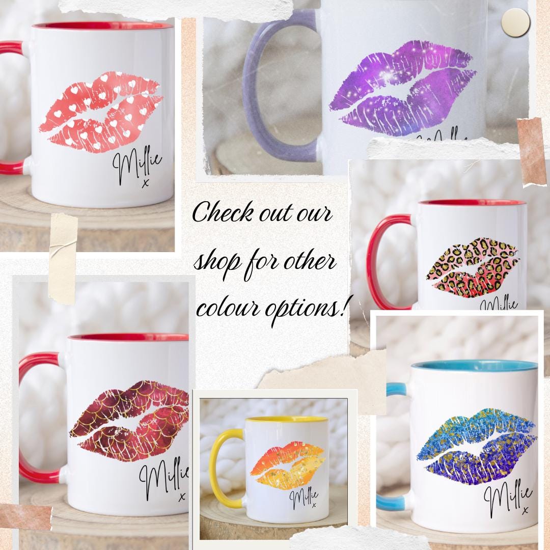Personalised lips design mug with red handle and interior, custom name printed. Matching reusable white linen gift bag with colourful lips pattern and personalised text. Unique gift for birthdays, Valentine’s, bridal parties, or coffee lovers