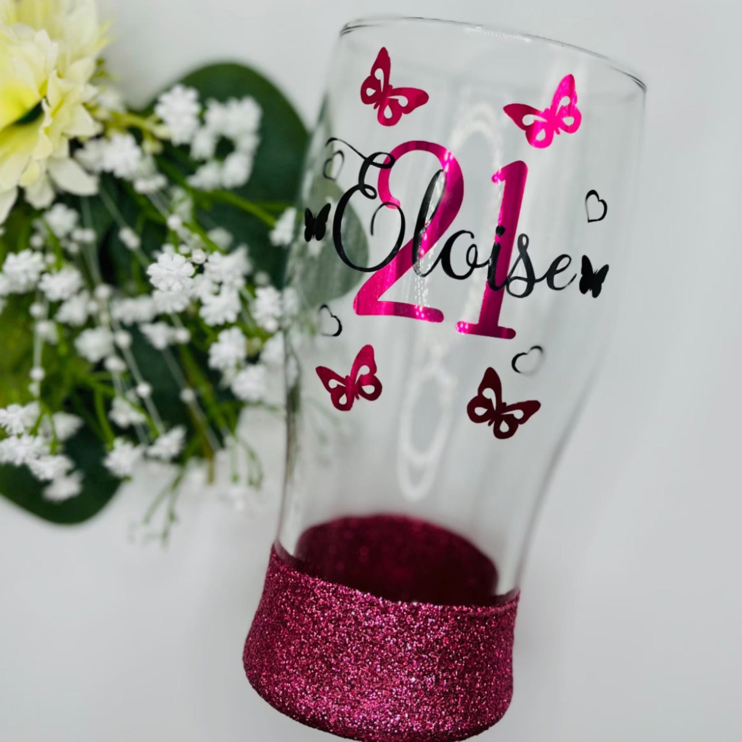 Personalised glitter birthday glass butterflies 18th Birthday gift 21st Birthday gift for her 30th Birthday 40th 50th lit bottle gin wine