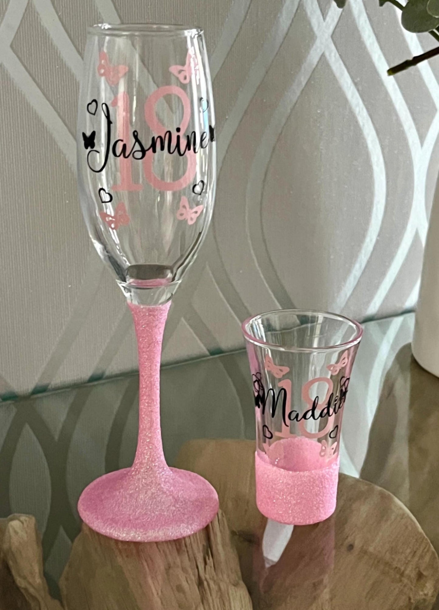 Personalised glitter birthday glass butterflies 18th Birthday gift 21st Birthday gift for her 30th Birthday 40th 50th lit bottle gin wine