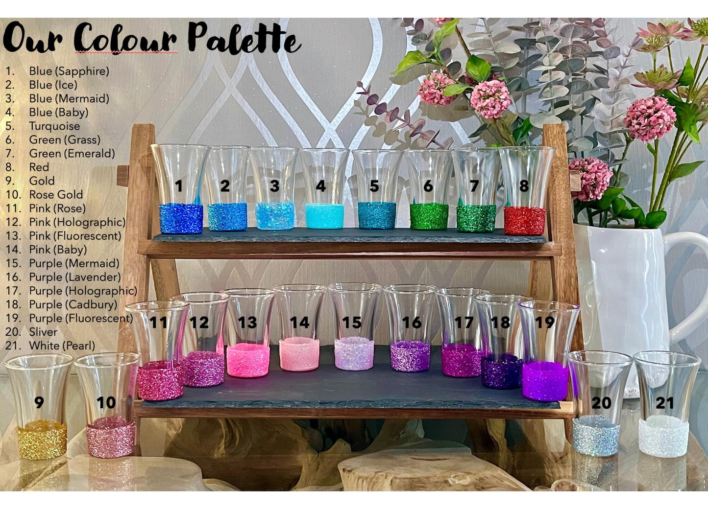 A picture of 21 Shot glasses detailing all the glitter colours available for our personalised glassware gifts. Whether your birthday is an 18th, 21st, 30th, 40th, 50th, 60th, 100th, or any age in between. we can personalise a glass for you.