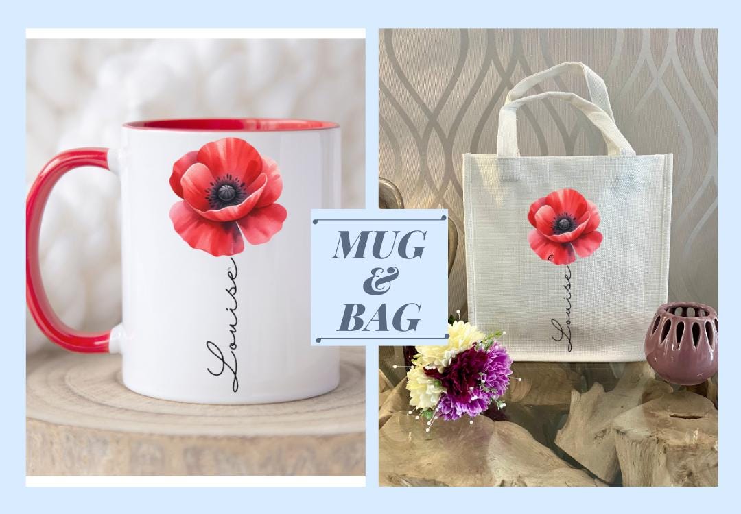 Personalised Red Poppy Mug & Gift Bag Set — custom name ceramic mug with vibrant red poppy design, red handle & interior, plus matching reusable eco-friendly linen gift bag. Perfect personalised gift for birthdays, thank yous, or special occasions. Handmade, thoughtful, and beautifully coordinated.