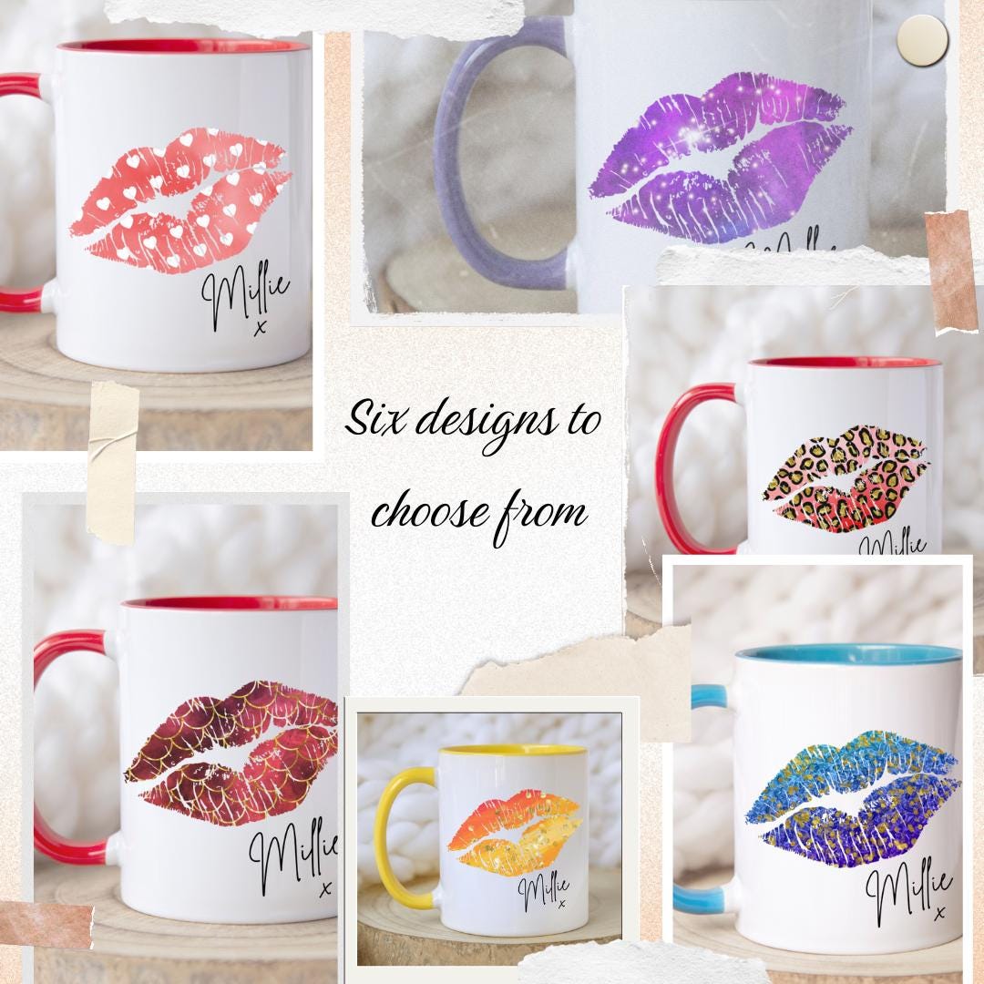 Personalised lips design mug with coloured handle and interior, custom name printed. Includes matching reusable white linen gift bag with colourful lips pattern and personalised text. Unique gift for birthdays, Valentine’s, bridal parties, or coffee lovers
