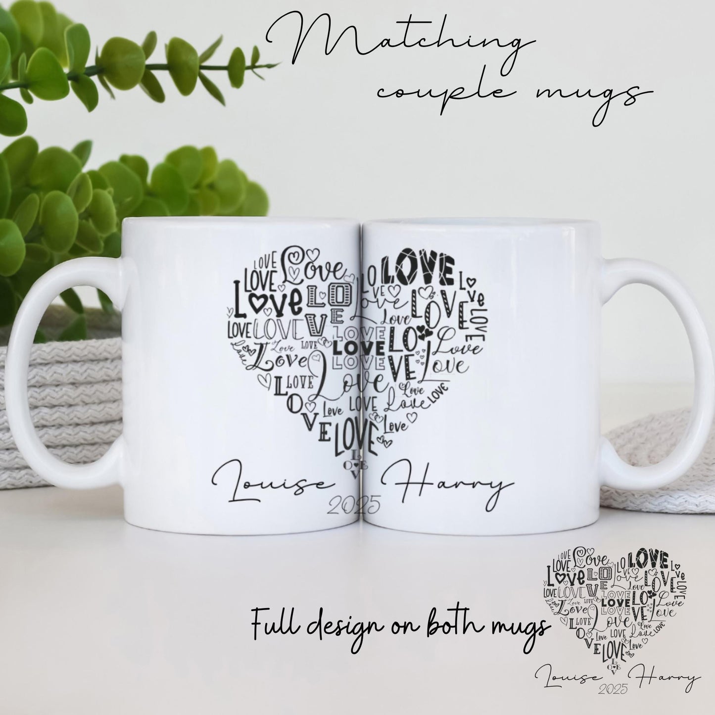 ersonalised Couple Mug Set with Matching Gift Bag — two ceramic mugs form a complete heart design when placed together. Customise with names and special date. Optional eco-friendly linen gift bag in white or natural with matching heart motif. Perfect romantic gift for weddings, anniversaries, engagements or Valentine’s Day. Unique, thoughtful keepsake for couples.