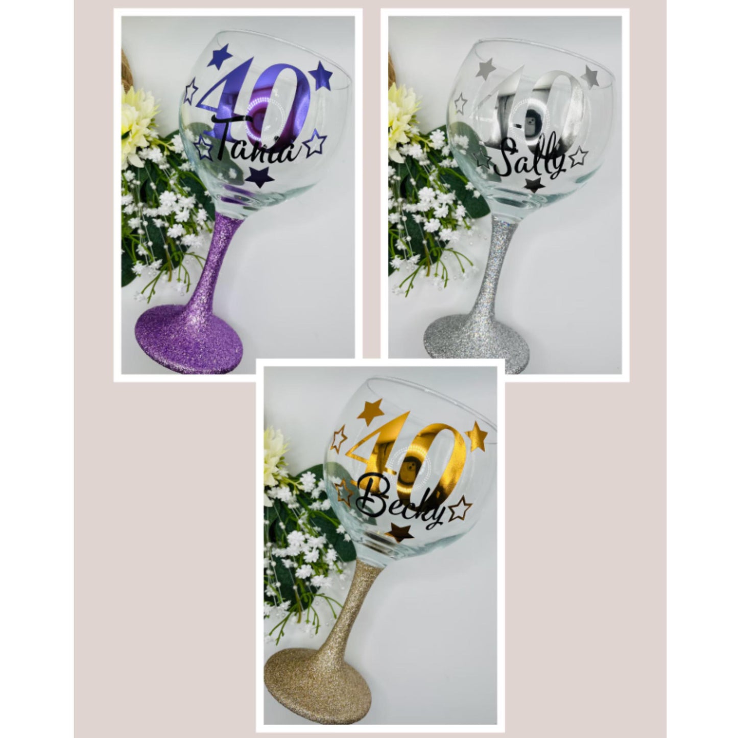 Personalised glitter-bottomed glass with decorative star design β custom name and age gift. Hand-applied glitter base, sealed for sparkle, available in gold, silver, rose gold and more. Choice of gin glass, wine glass, shot glass or matching lit wine bottle. Unique keepsake for birthdays, celebrations or special occasions. Gift-wrapped with optional personalised tote bag.