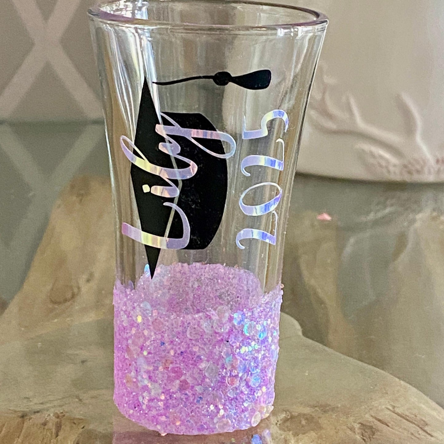 Personalised Glitter Graduation Glass — Custom Name Gift | Wide Colour Choice | Graduation Party Glass | Keepsake for Graduate
