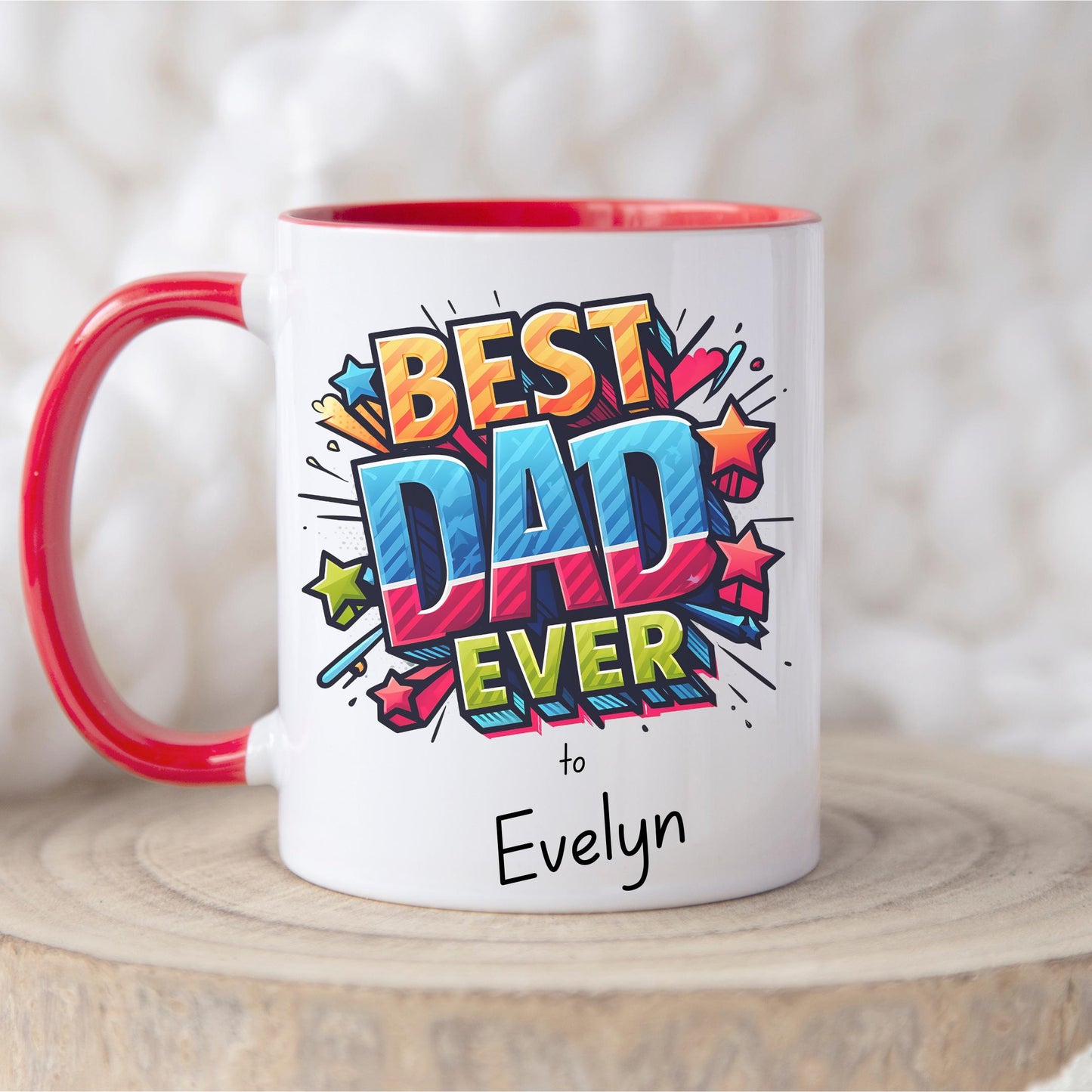 Father’s Day gift mug with bold comic-style 'Best Dad Ever' design, personalized with child’s name 'Evelyn', Coloured or Plain handle coffee cup for dads from kids
