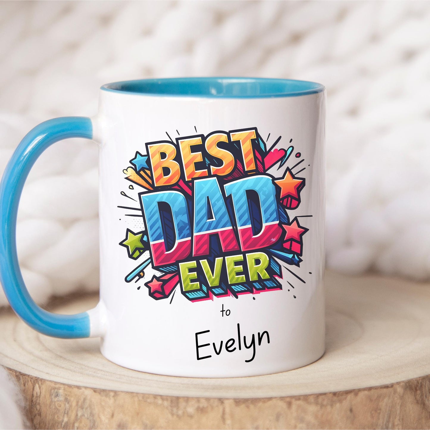 Father’s Day gift mug with bold comic-style 'Best Dad Ever' design, personalized with child’s name 'Evelyn', Coloured or Plain handle coffee cup for dads from kids