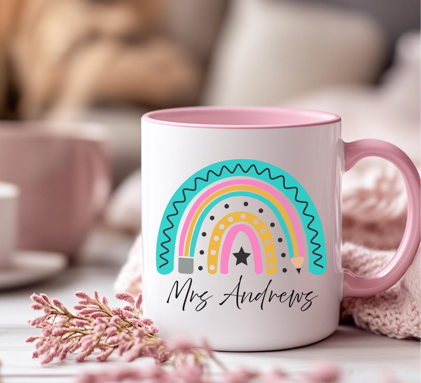 Personalised Rainbow Teacher Mug with Name – Teacher Appreciation Gift – End of Year, Back to School, Thank You Gift for Teachers
