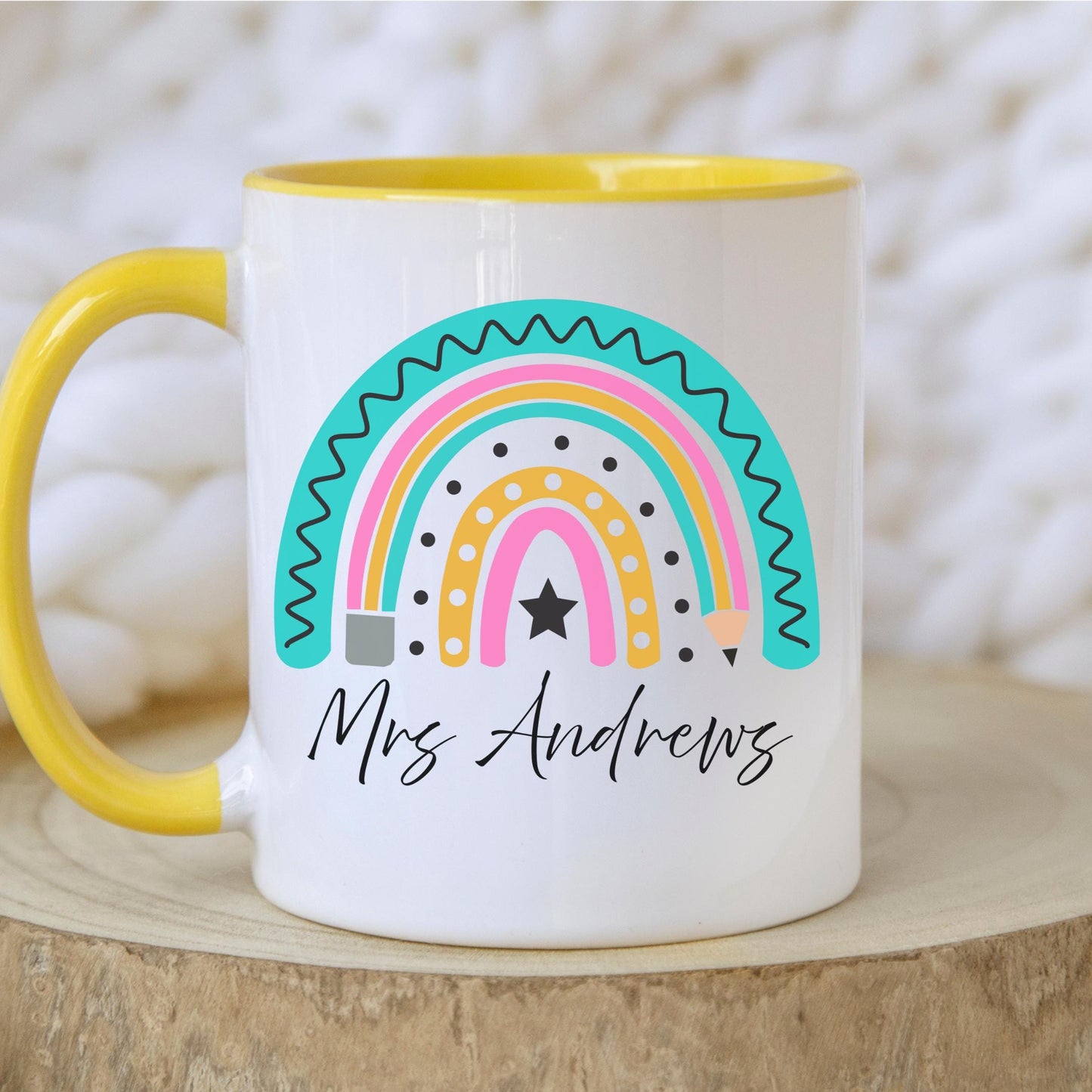 Personalised Rainbow Teacher Mug with Name – Teacher Appreciation Gift – End of Year, Back to School, Thank You Gift for Teachers