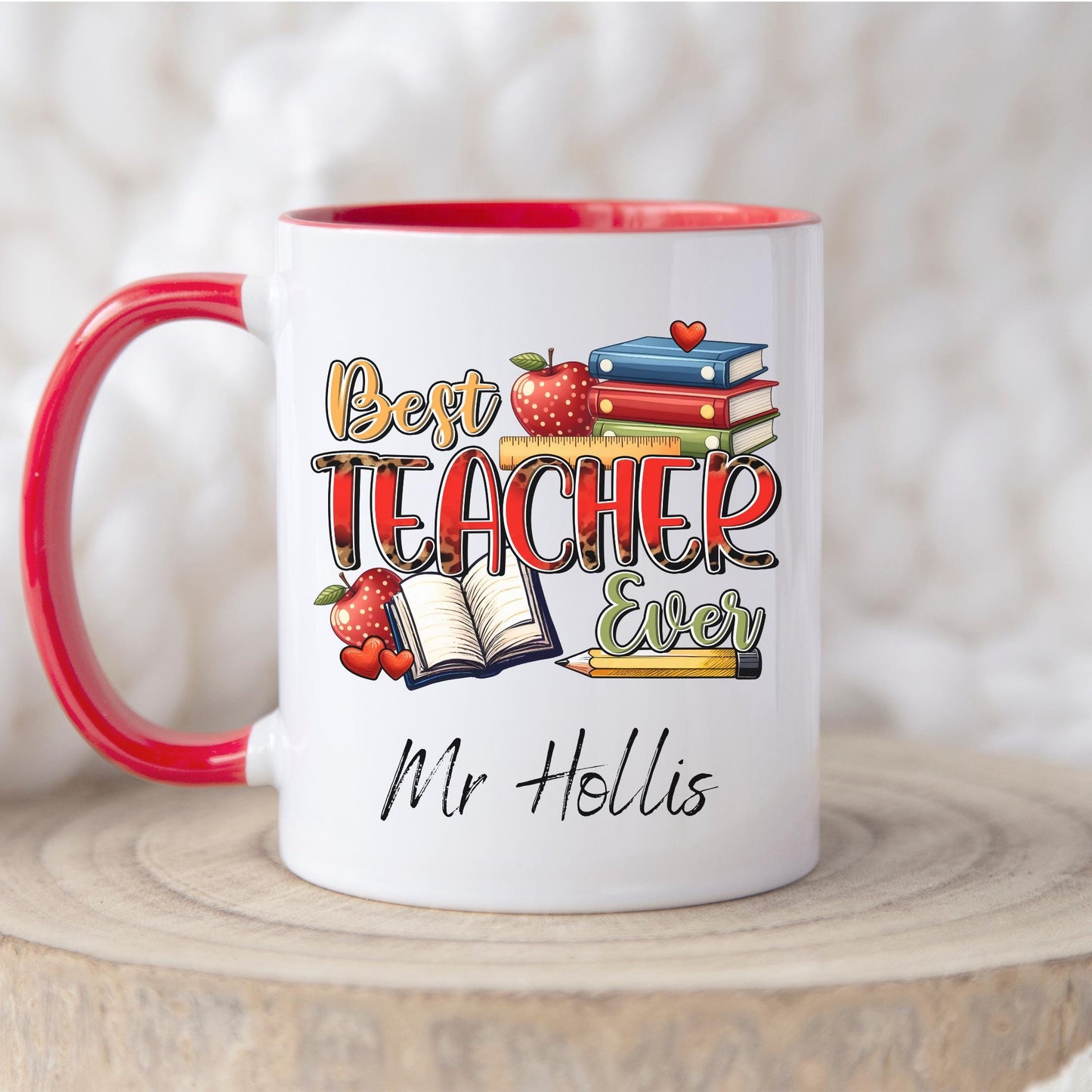 Fun and cheerful mug with the words “Best Teacher Ever” in bright, bold letters, surrounded by cute doodles of a books, shiny red apples, and a smiling yellow pencil. Teachers Gift. Under £10.