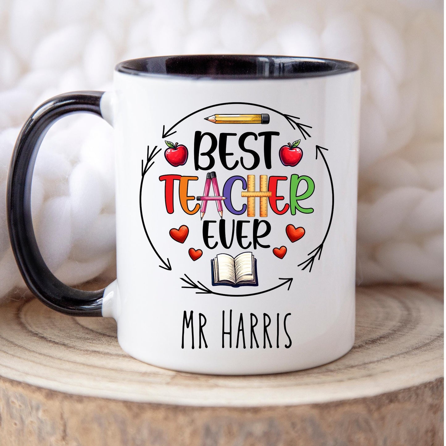 Fun and cheerful mug with the words βBest Teacher Everβ in bright, bold letters, surrounded by cute doodles of a books, shiny red apples, and a smiling yellow pencil. Teachers Gift. Under Β£10.