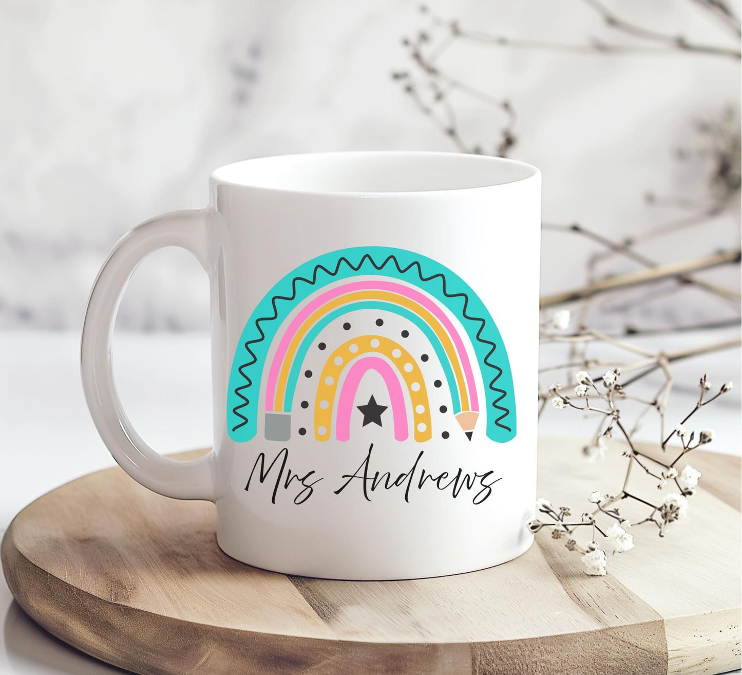 Personalised Rainbow Teacher Mug with Name – Teacher Appreciation Gift – End of Year, Back to School, Thank You Gift for Teachers