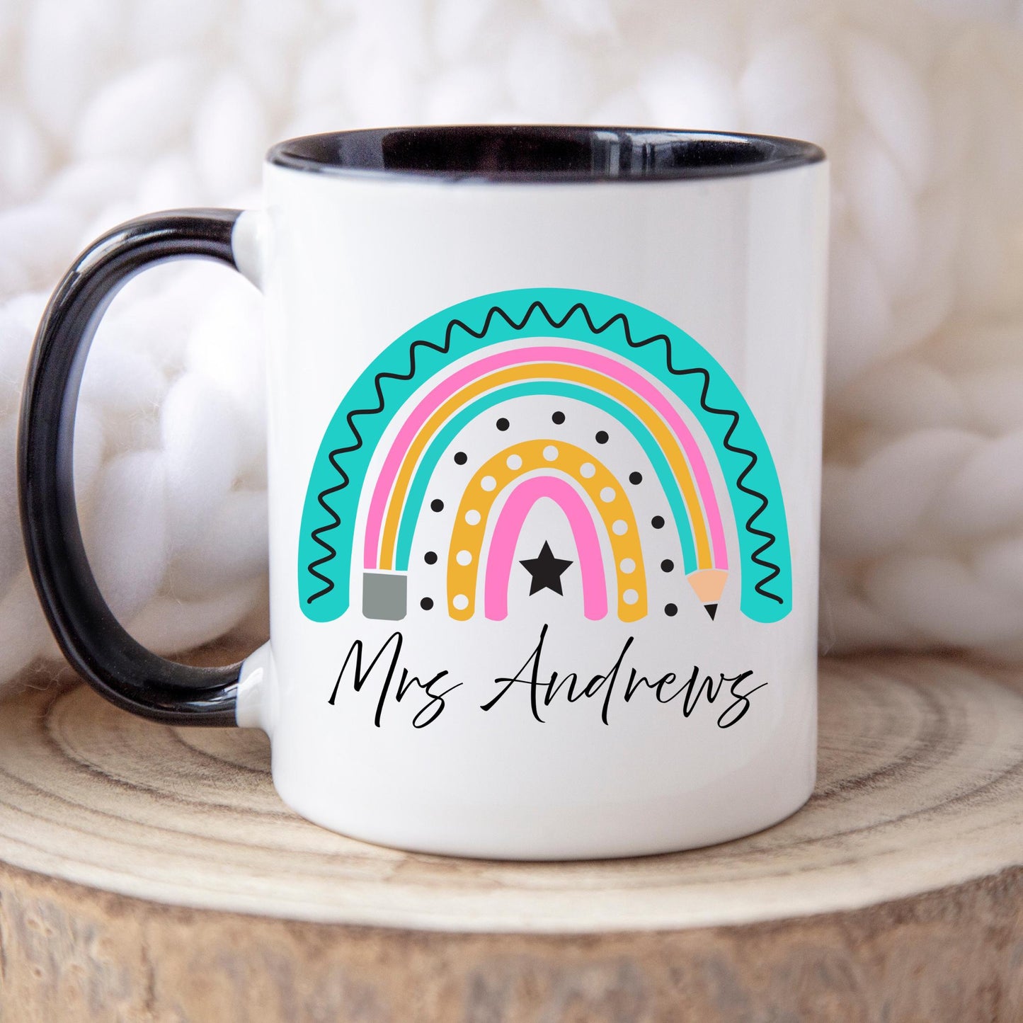 Personalised Rainbow Teacher Mug with Name – Teacher Appreciation Gift – End of Year, Back to School, Thank You Gift for Teachers