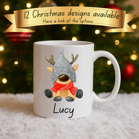 Personalised Christmas Mug: 12 designs available. Santa, Reindeer, Hot chocolate, Christmas Eve box, secret santa, movie night, fun gift