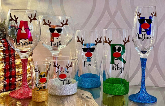 Christmas Personalised Glitter Glass - Rudolph the Red Nosed Reindeer Design