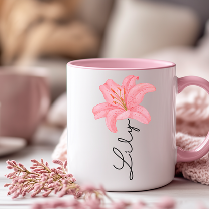 Personalised Pink Lily Mug & Gift Bag