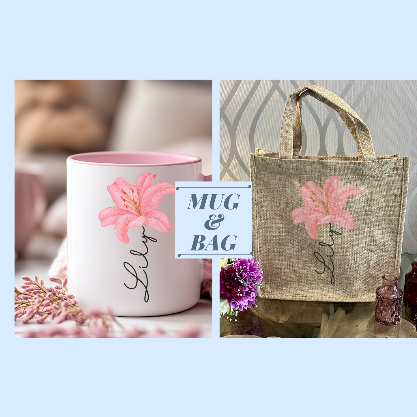 Personalised Pink Lily Mug & Gift Bag
