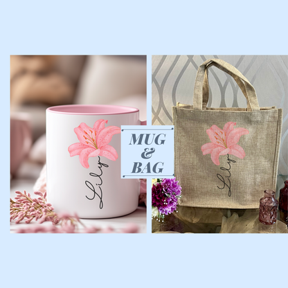 Personalised Pink Lily Mug & Gift Bag