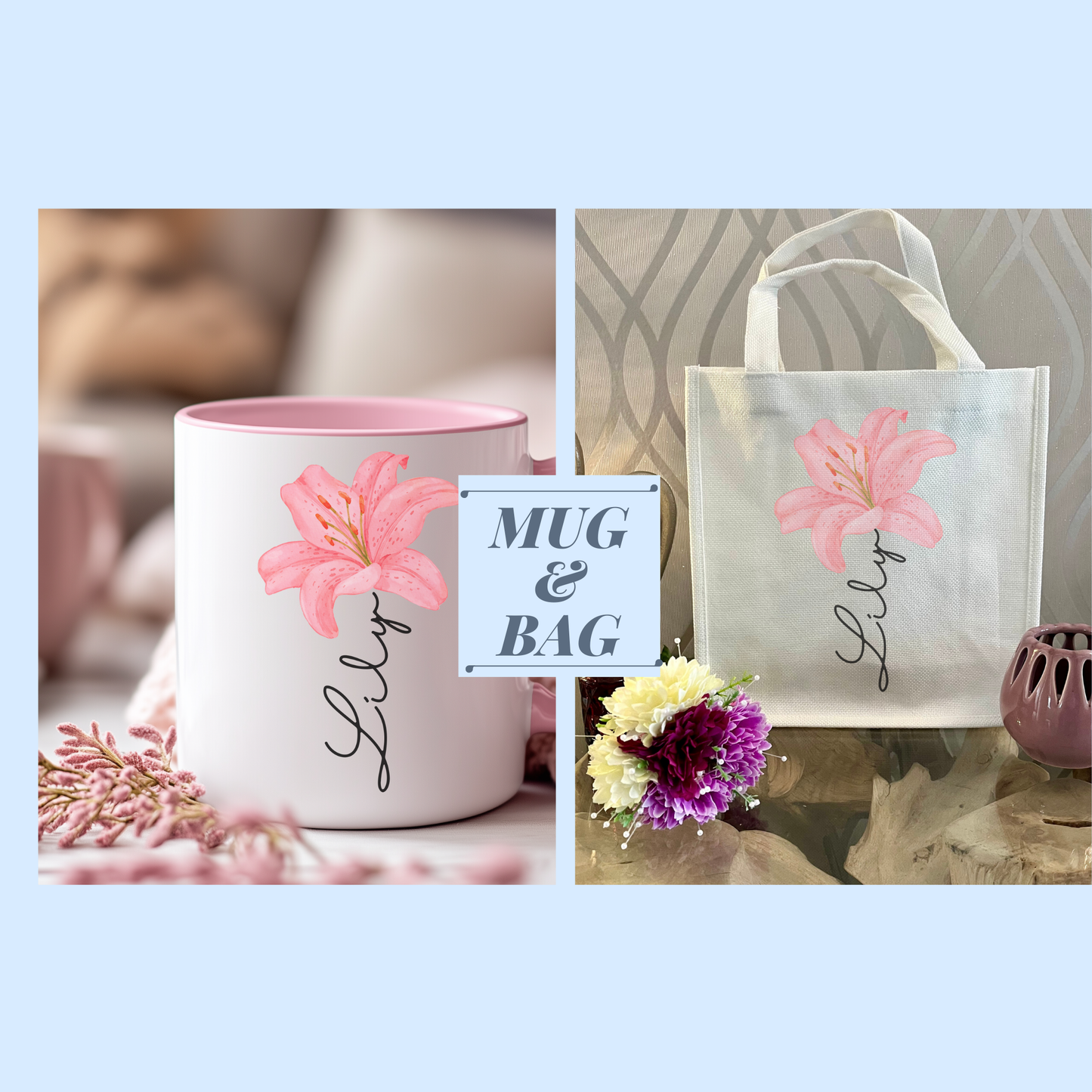 Personalised Pink Lily Mug & Gift Bag