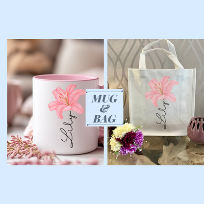 Personalised Pink Lily Mug & Gift Bag