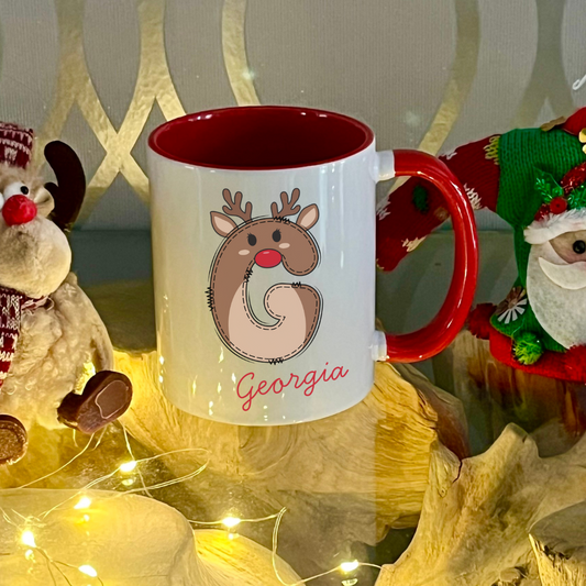 Personalised Red reindeer letter christmas mug filled with Cadbury Chocolates