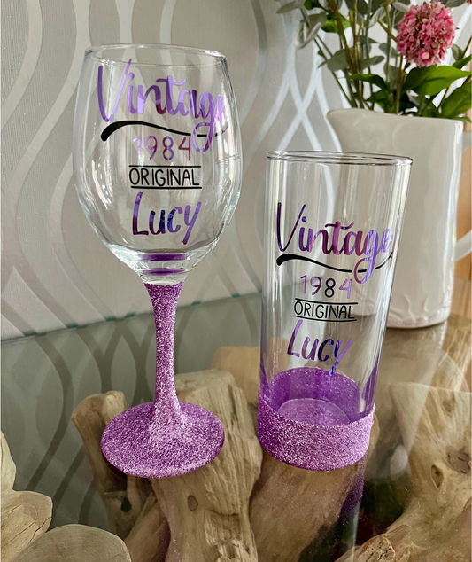 Personalised Birthday Age Glitter Glass - Vintage Message Design