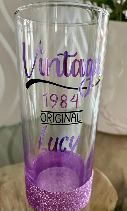 Personalised Birthday Age Glitter Glass - Vintage Message Design