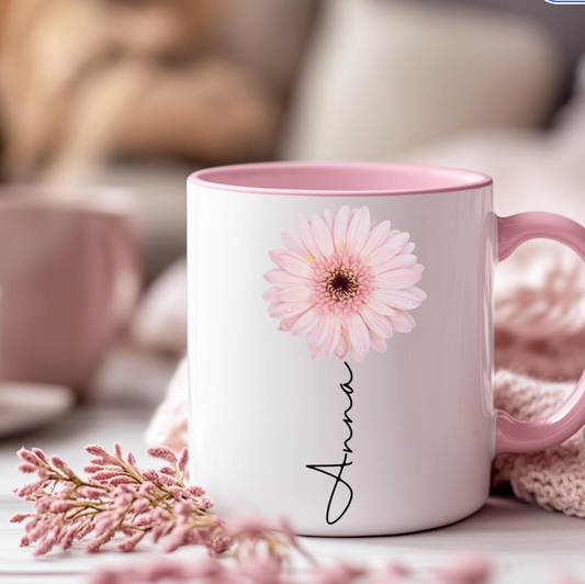Personalised Pink Daisy Mug & Gift Bag