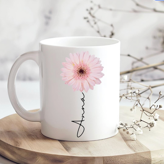 Personalised Pink Daisy Mug & Gift Bag