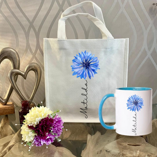 Personalised Blue Flower Mug & Gift Bag