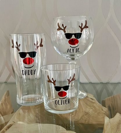 Personalised Reindeer Christmas Glass: Stocking filler, Secret Santa Gift, christmas table decoration, gift for him, gift for her, teen gift