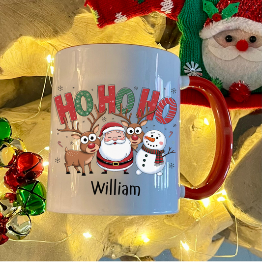 Personalised Red Ho Ho Ho Santa, reindeer & snowman christmas mug filled with Cadbury Chocolates