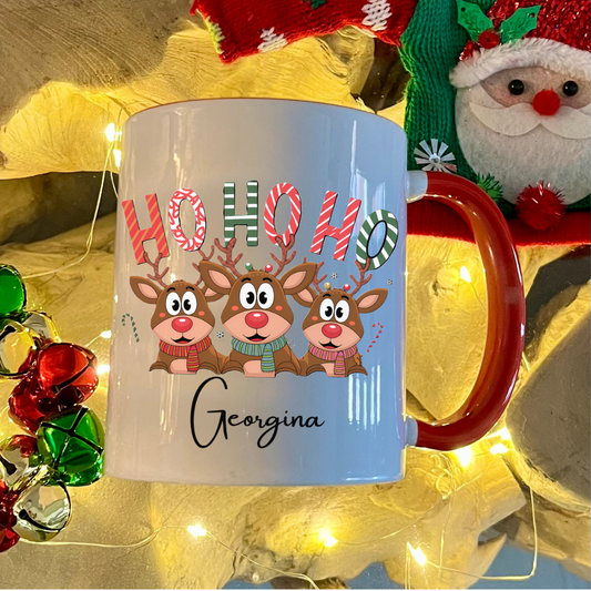 Personalised Red Ho Ho Ho Rudolph, reindeer christmas mug filled with Cadbury Chocolates